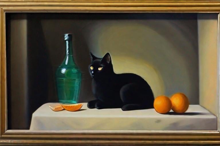 Prompt: still life with black cat, oil painting