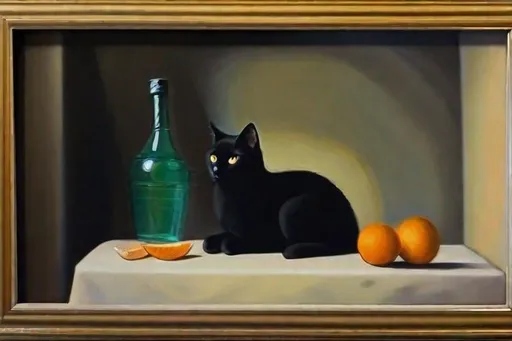 Prompt: still life with black cat, oil painting