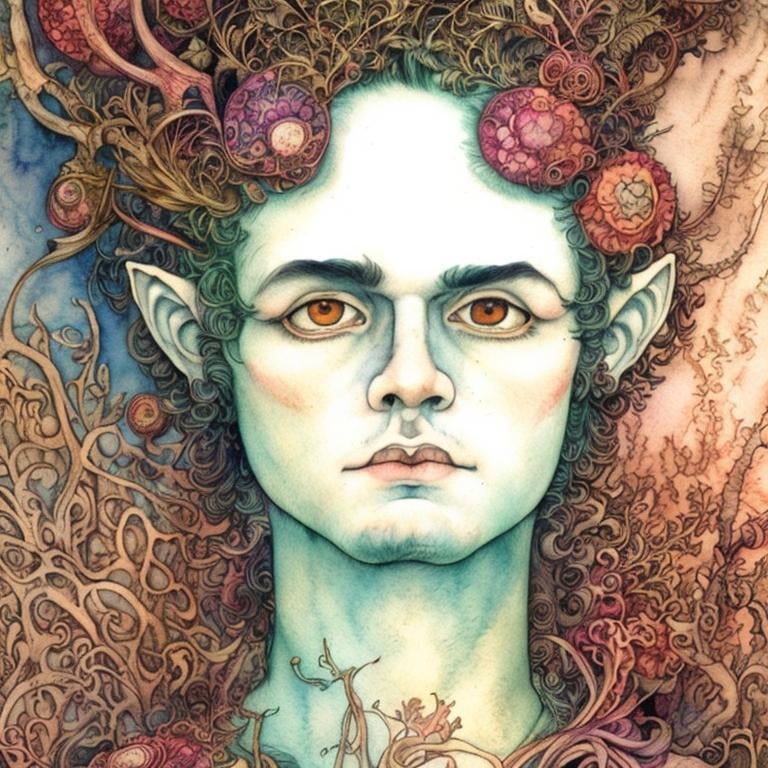 Prompt: Beautiful male faun in the style of in the style of Ivan Bilibin, Ernst Haeckel, Daniel Merriam, watercolor and ink