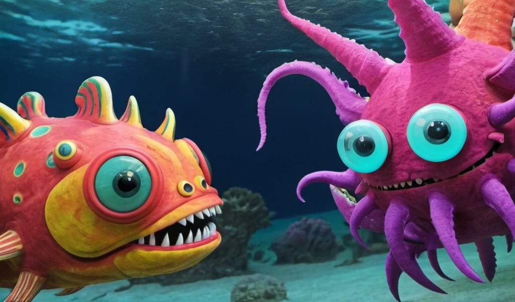 Prompt: two colorful seamonsters have an encounter under the sea