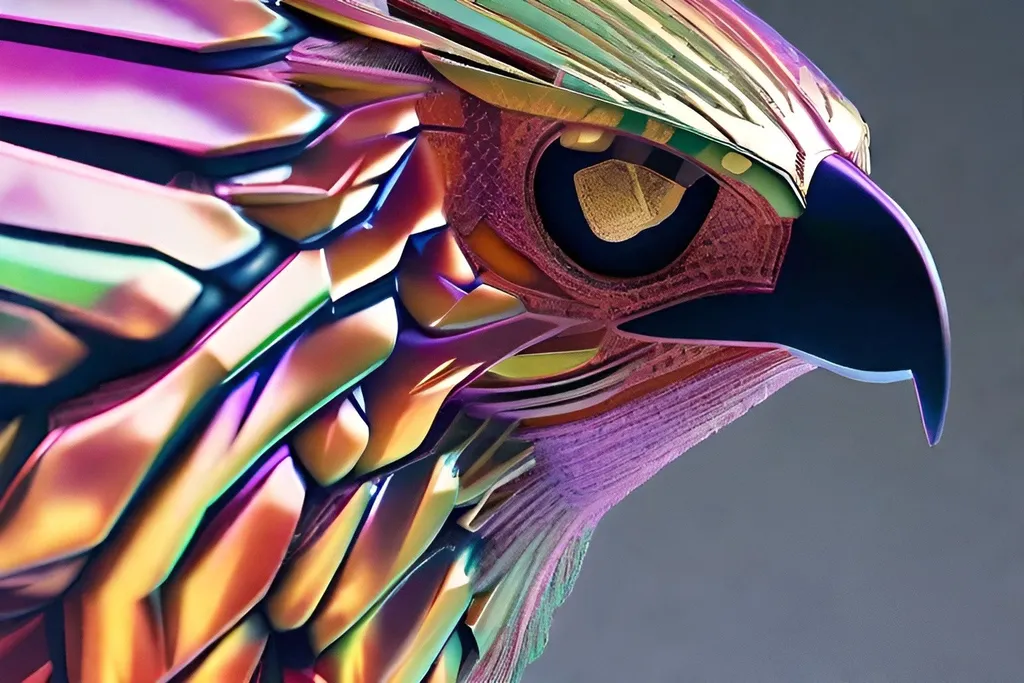 Prompt: Striking, multi-hued crystal formation of a falcon with precise detailing in 3D, and a radiant sheen