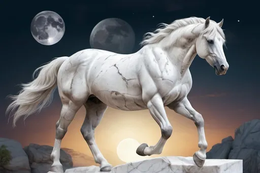 Prompt: Majestic stallion made of white marble.  Fantasy summer environment. Moonrise setting. Magical atmosphere. Photorealistic. Highly detailed painting. 64k resolution.