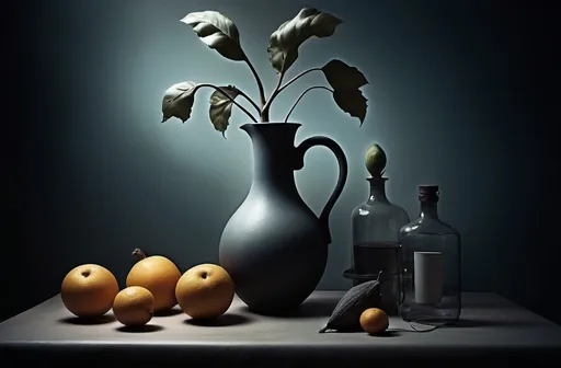 Prompt: A surreal interpretation of a still life blended with the Sabattier Effect, creating stark contrasts and mysterious imagery. The atmosphere is filled with an eerie ambiance, enhancing the visual impact while maintaining a dreamlike quality. The resulting image evokes feelings of curiosity and intrigue.