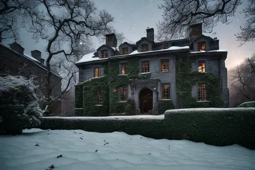 Prompt: grey stone, covered with ivy, standing on a snow covered hill, moonlit, cinematic photography