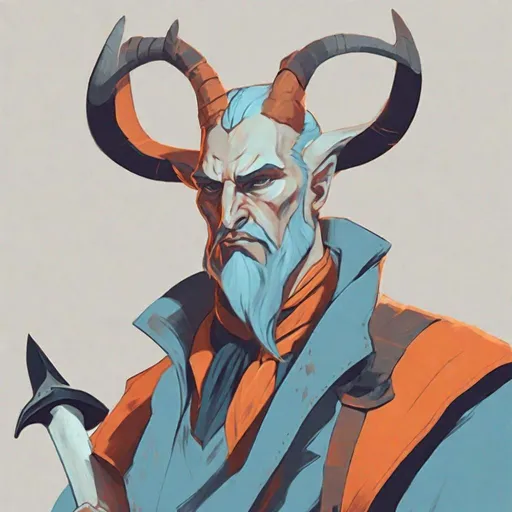 Prompt: illustration portrait of character with horns holding an axe | expressive color palette; light blue and dark
orange  | flat perspective | translucent planes | bone; dignified poses; kingcore