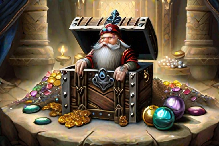 Prompt: dwarf standing beside a treasure chest full of coins and gems, by Anne Stokes