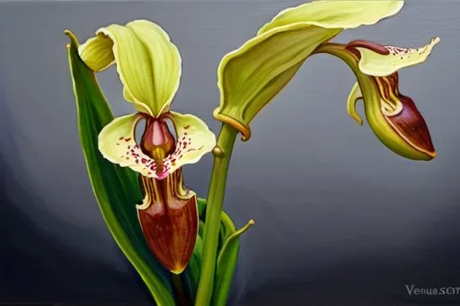 Prompt: oil painting of a venus slipper orchid