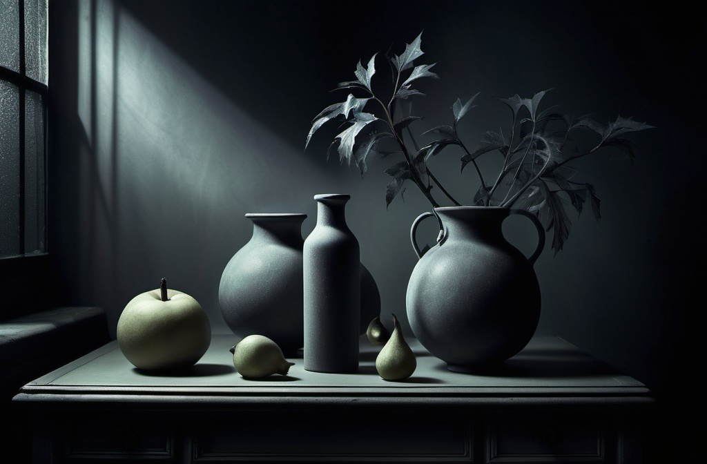 Prompt: A surreal interpretation of a still life blended with the Sabattier Effect, creating stark contrasts and mysterious imagery. The atmosphere is filled with an eerie ambiance, enhancing the visual impact while maintaining a dreamlike quality. The resulting image evokes feelings of curiosity and intrigue.