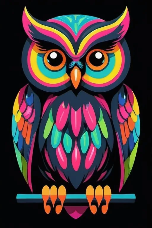 Prompt: Cute and colorful vector illustration of an owl | in the style of bright colors on black background | simple shapes, bold lines, no shading or gradients, suitable for screen printing | The design should be filled with vibrant hues that contrast against a dark backdrop to create an eye-catching effect | It must have clear outlines without any intricate details or shadows | silkscreening stamp gouache