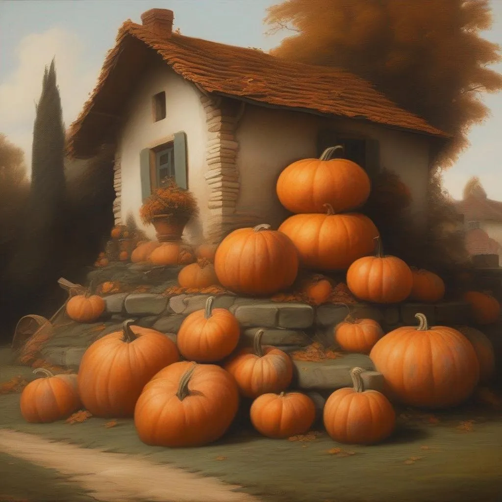 Prompt: painting of a stack of pumpkins in front of a cottage in the style Michelangelo