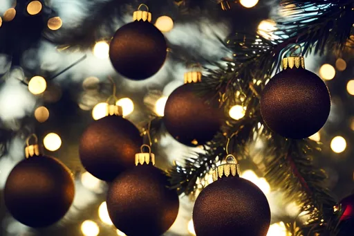 Prompt: Christmas Balls hanging on a fir tree branch