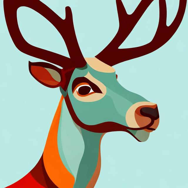 Prompt: illustration portrait of a majestic reindeer with a red bow on his neck| expressive color palette; light blue and dark
orange  | flat perspective | translucent planes | bone; dignified pose; kingcore