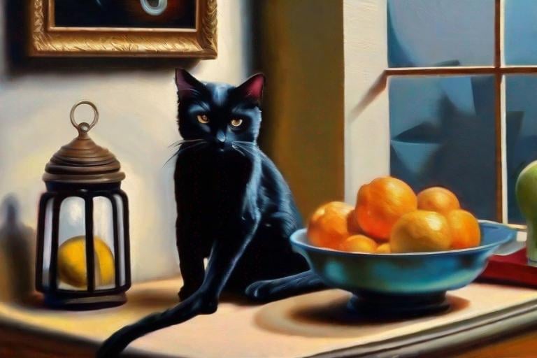 Prompt: still life with black cat, oil painting