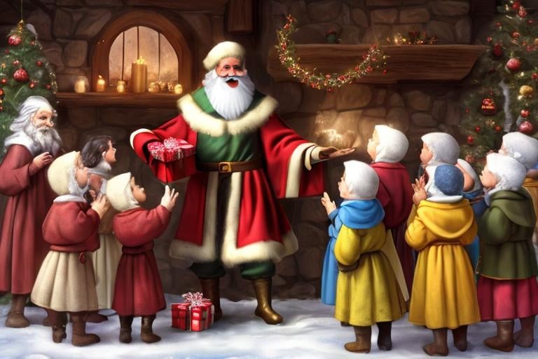 Prompt: A heartwarming depiction of St. Nicholas, with a kind smile on his face, handing out beautifully wrapped gifts to a group of children gathered around him in a cozy living room.