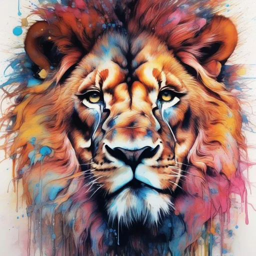 Prompt: wet on wet, breathtaking beauty, bright watercolour, melting, bold, vibrant, neon, comprehensive cinematic, Carne Griffiths, pastel colour, beautiful lion, award winning, fantastical, intricate detail, splash screen,  complementary colours, fantasy concept art, 8k.