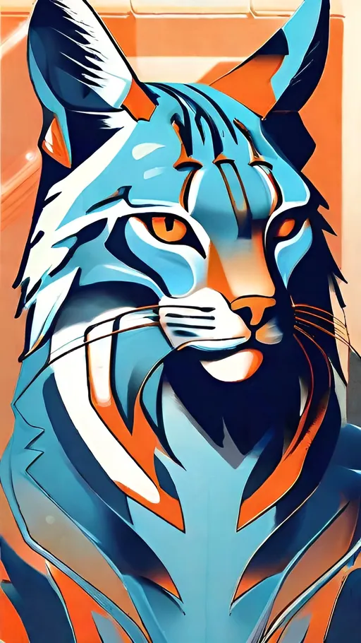 Prompt: illustration portrait of a majestic lynx | expressive color palette; light blue and dark
orange  | flat perspective | translucent planes | bone; dignified pose; kingcore