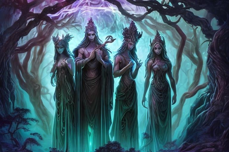 Prompt:  In a mystical grove, three ethereal figures - Urd, Verdandi, and Skuld - stand beside a shimmering pool, their forms shrouded in mist.
 Urd, the Past, kneels beside the pool, her hands caressing the water. Verdandi, the Present, stands tall, shaping fate's threads. Skuld, the Future, leans forward, anticipating the unknown. The scene exudes otherworldly beauty and mystery, with the Norns radiating an aura of destiny and fate.
Create an AI art that captures the essence of these powerful weavers of destiny.