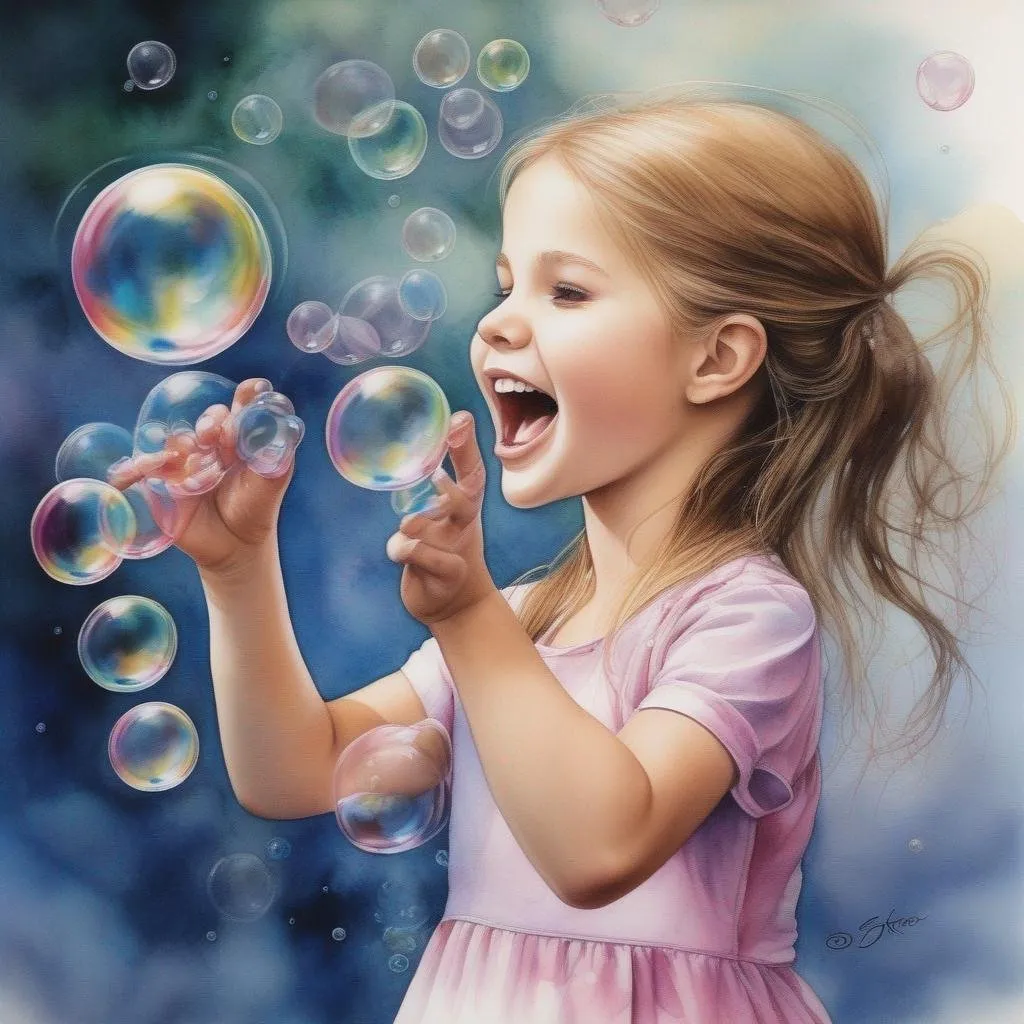 Prompt: A girl's boundless glee, Chasing bubbles through the air, Anne Stokes, Madeline Berger, watercolor and ink