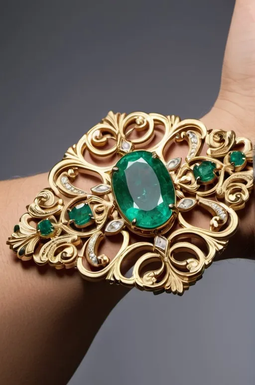 Prompt: Close-up shot showcasing the intricate details of a luxurious gold bracelet adorned with shimmering emeralds.