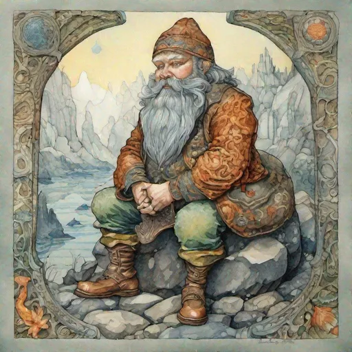 Prompt: painting of a dwarf sitting on a stone in the style of Ivan Bilibin, Ernst Haeckel, Daniel Merriam, watercolor and ink