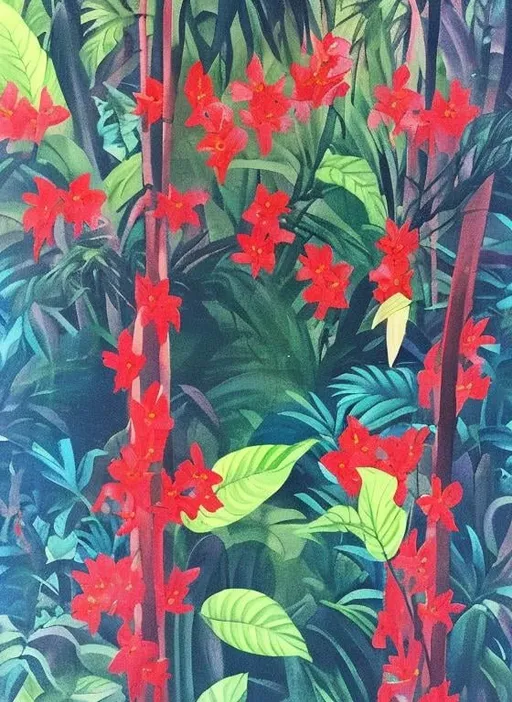 Prompt: jungle with red flowers