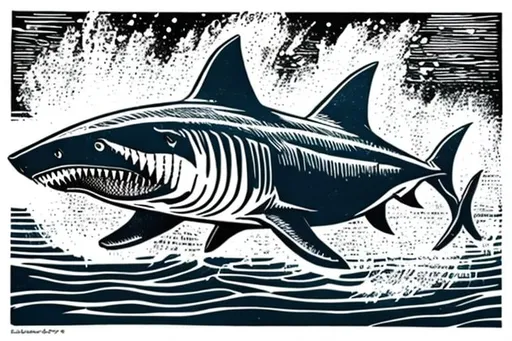 Prompt: colored linocut of a shark swimming under the water