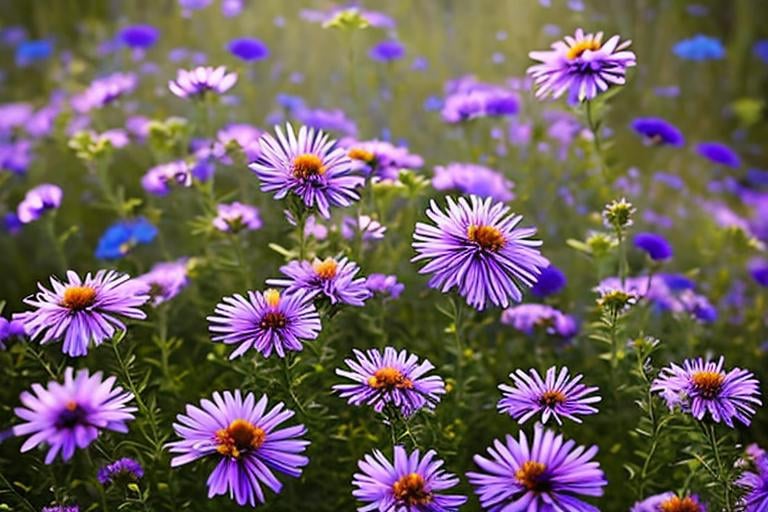 Prompt: close up of beautiful asters on a meadow, in the style of Anne Stokes