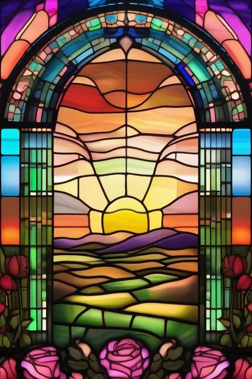 Prompt: beautiful huge stained glass window of a sunrise over a field of roses, vibrant glowing colors, uplight, glowing edges