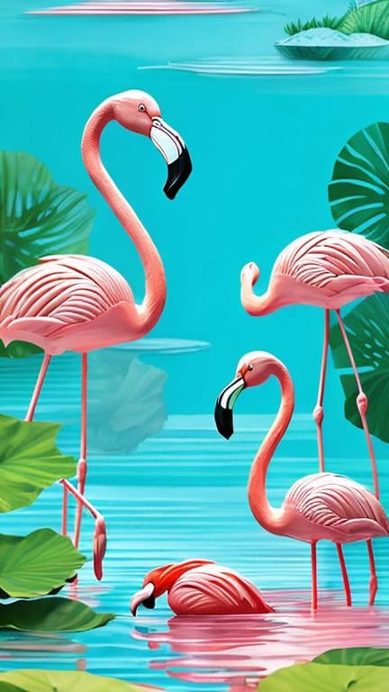 Prompt: Design a paper sculpture that showcases a flamingo in its natural habitat, a serene lagoon surrounded by lush vegetation. Depict the flamingo wading gracefully in shallow water, its elegant form reflecting in the calm surface. Create a sense of tranquility and harmony by incorporating elements like water lilies, tall grasses, and gentle ripples in the water. Highlight the flamingo's vibrant pink plumage and its unique S-shaped neck, capturing its serene and contemplative presence in its peaceful environment.