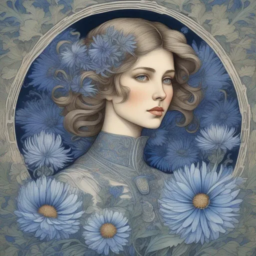 Prompt: portrait of a beautiful woman with blue asters, intricate, sharp focus, in the style of Ivan Bilibin, Ernst Haeckel, Daniel Merriam, watercolor and ink