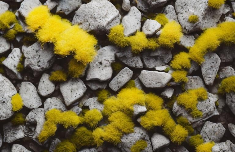 Prompt: yellow moss on grey stones, forest, cinematic photography. intricate