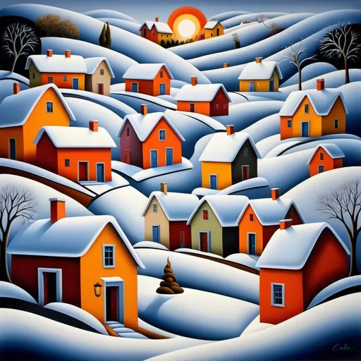 Prompt: village in winter, in the style of Catherine Abel