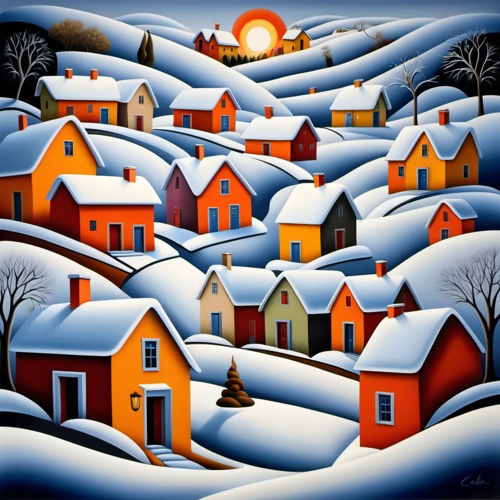 Prompt: village in winter, in the style of Catherine Abel