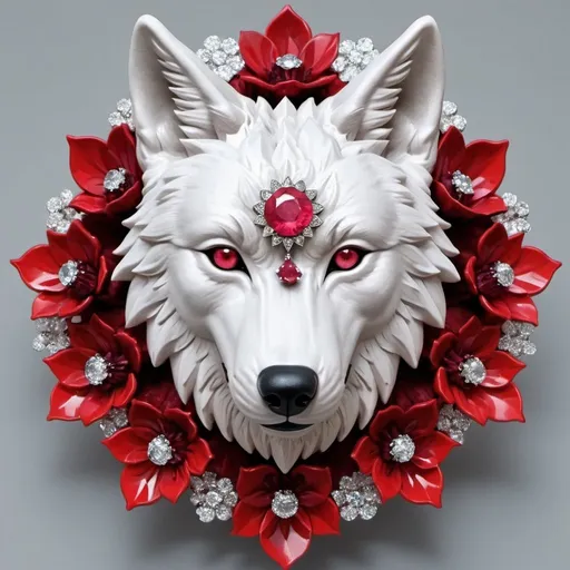 Prompt: Wolf's head made of bif crystals of rubies surrounded by 3d flower of two different colors made everything of ruby and crystals