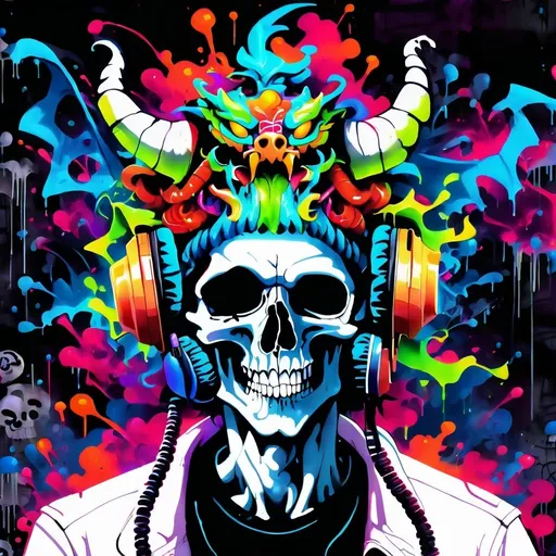 Prompt: Graffiti-style mural featuring a colorful skull with a headset and dragon hat, psychedelic dragon god, vibrant spray paint textures, high quality, graffiti art style, colorful, psychedelic, dragon theme, skull with headset, vibrant colors, intricate details, urban setting, spray paint textures, psychedelic dragon, godlike presence, street art, bold contrasts