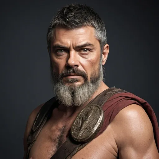 Prompt: Create the full body image of a 55 year old Ulisse as a genious adventurer, living in the ancient greek mithology, physically resembling the character of Billy Butcher played by Karl Urban, with a long beard