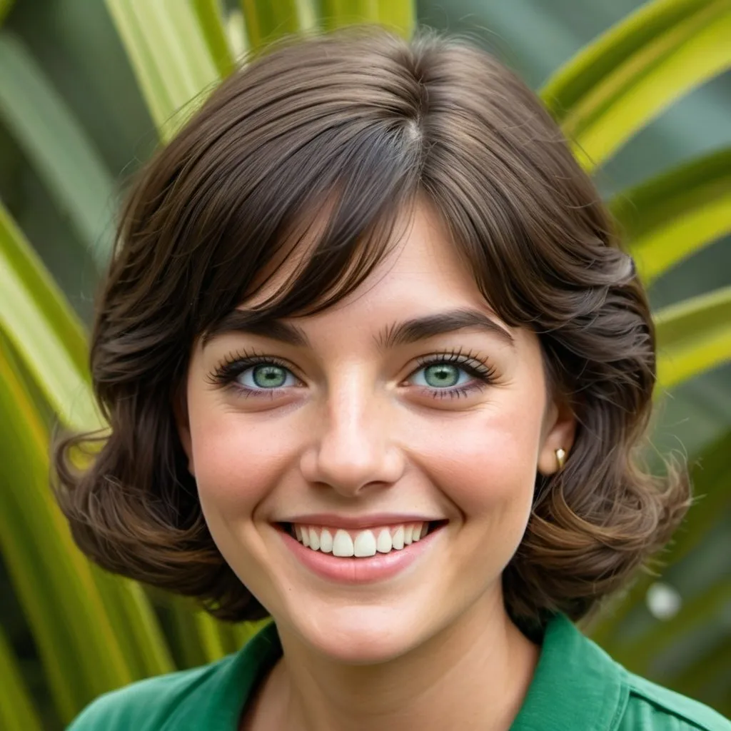 Prompt: A pretty green-eye, shapely, brunette with medium-length hair, medium build, trendy but casually dressed. Looks similar to Mary Ann from Gilligan's Island.  Aged approximately early 20s. Must appear realistic. Let her smile showing teeth. 
