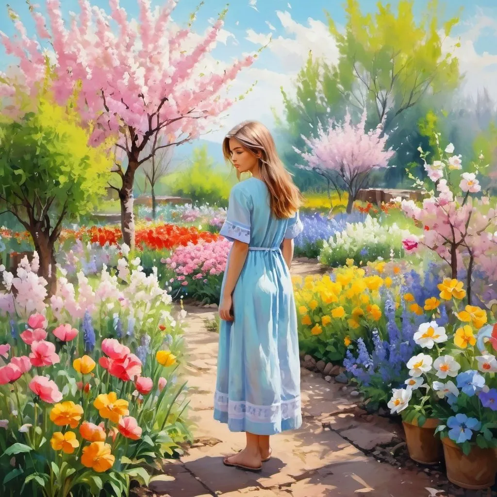 Prompt:  paint of beautiful, poor girl standing in wonderful flower garden in spring