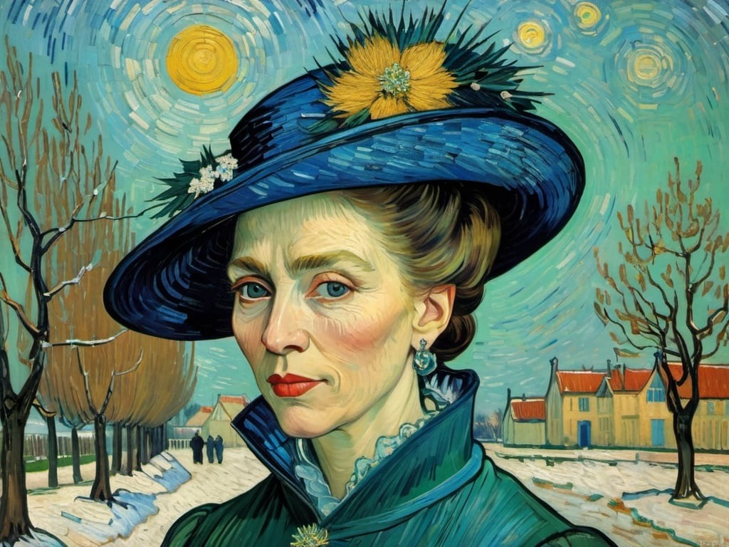 Prompt: Vincent Van Gogh paint of Royal lady in winter.