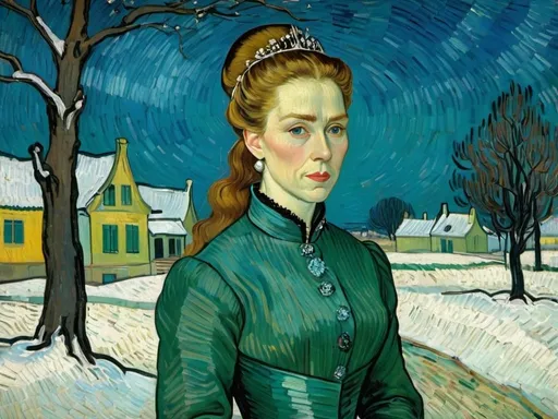 Prompt: Vincent Van Gogh paint of Royal lady in winter.