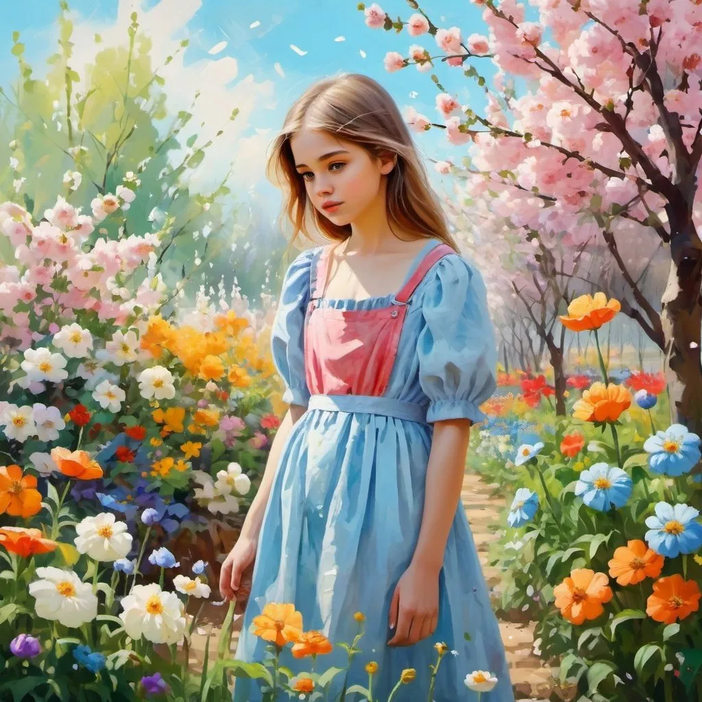 Prompt:  paint of beautiful, poor girl standing in wonderful flower garden in spring