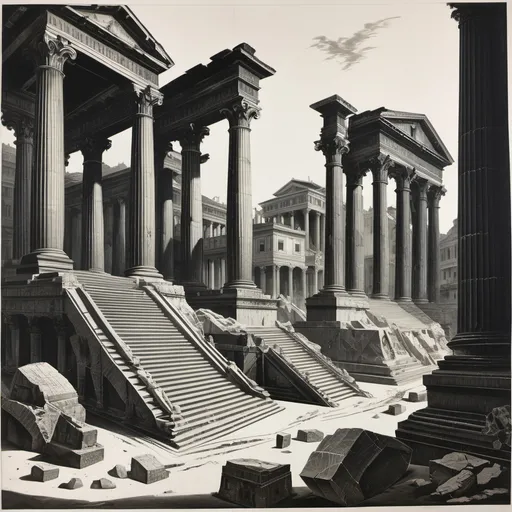 Prompt: Etching in style of Piranesi, Roman monuments buried in sand, black and white