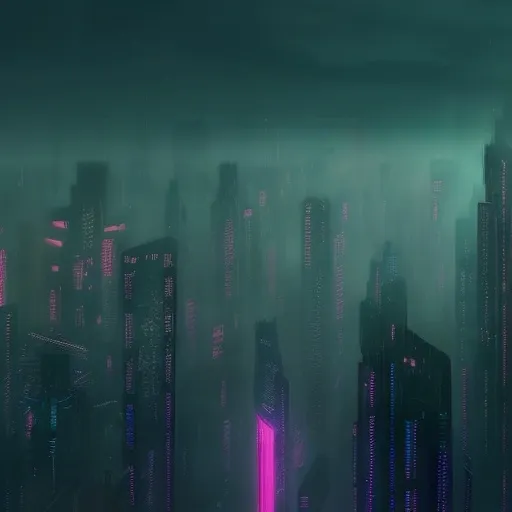 Prompt: Dystopian cityscape, Blade Runner  inspired, neon lights glowing through dense fog, towering skyscrapers with futuristic architecture, rain-slick streets reflecting vibrant colors, dark and moody atmosphere, heavily detailed setting with bustling crowds and holographic advertisements, conveying a sense of both awe and despair, ultra-detailed, cinematic composition, 4K quality, rich contrast and sharp depth.