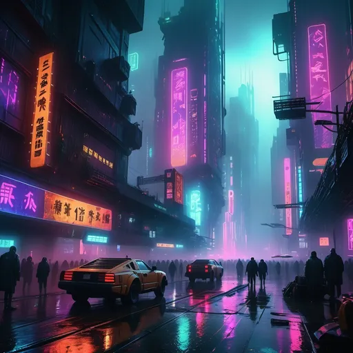 Prompt: Dystopian cityscape, Blade Runner  inspired, neon lights glowing through dense fog, towering skyscrapers with futuristic architecture, rain-slick streets reflecting vibrant colors, dark and moody atmosphere, heavily detailed setting with bustling crowds and holographic advertisements, conveying a sense of both awe and despair, ultra-detailed, cinematic composition, 4K quality, rich contrast and sharp depth.