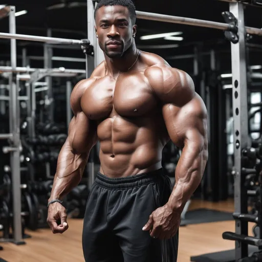 Prompt: Black Handsome MAn with huge biceps and very muscular but he trains calisthenics and isn't a body builder