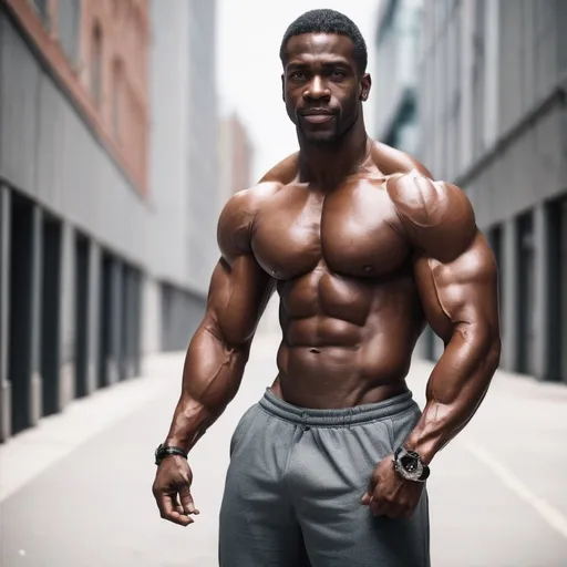 Prompt: Black Handsome MAn with huge biceps and very muscular but he trains calisthenics and isn't a body builder