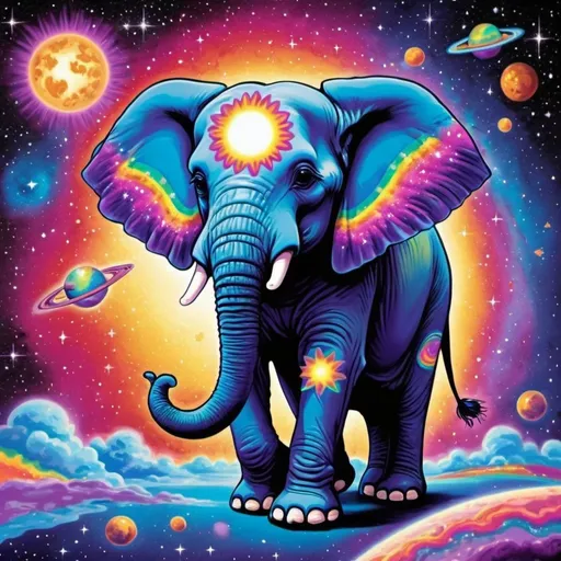 Prompt: Picture of a hippie elephant in space like Lisa Frank art