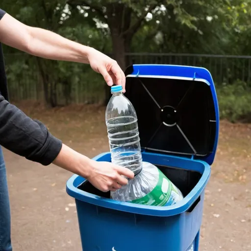 Prompt: An image of a person throwing a plastic bottle into a trash bin.