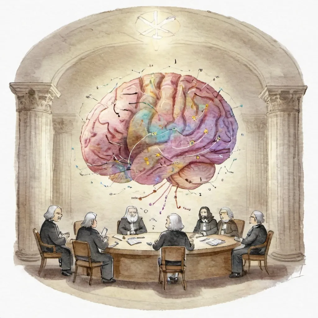 Prompt: Title: "The Mathematician's Council: Brains Unite"

Description: In this imaginative artwork, the concept of mathematical problem-solving takes on a whimsical and anthropomorphic form as personified brains gather together in a grand council chamber to deliberate on a challenging mathematical problem.

The scene is set within a majestic hall adorned with towering columns and intricate architectural details, reminiscent of a scholarly institution or ancient library. Each brain is depicted as a distinct character, with its own unique personality and attire, ranging from scholarly robes to modern attire reflective of different intellectual traditions.

At the center of the chamber, a large circular table serves as the focal point of the gathering, where the personified brains are seated in deep contemplation. Some are engaged in animated discussion, gesturing emphatically as they present their ideas, while others are quietly pondering, their expressions conveying intense concentration.

Surrounding the table, mathematical symbols and equations float in the air, forming a mesmerizing tapestry of numerical patterns and geometric shapes. Charts and graphs adorn the walls, showcasing the breadth and depth of mathematical knowledge that informs the deliberations of the council.

Above the council, a celestial glow illuminates the scene, symbolizing the transcendent nature of mathematical truths and the pursuit of knowledge that unites the diverse minds gathered in the chamber.

Overall, the artwork celebrates the beauty and complexity of mathematical inquiry while capturing the collaborative spirit and intellectual camaraderie that define the quest for understanding. It invites viewers to marvel at the ingenuity of the human mind and the boundless possibilities that emerge when brilliant thinkers come together to tackle the mysteries of the universe.