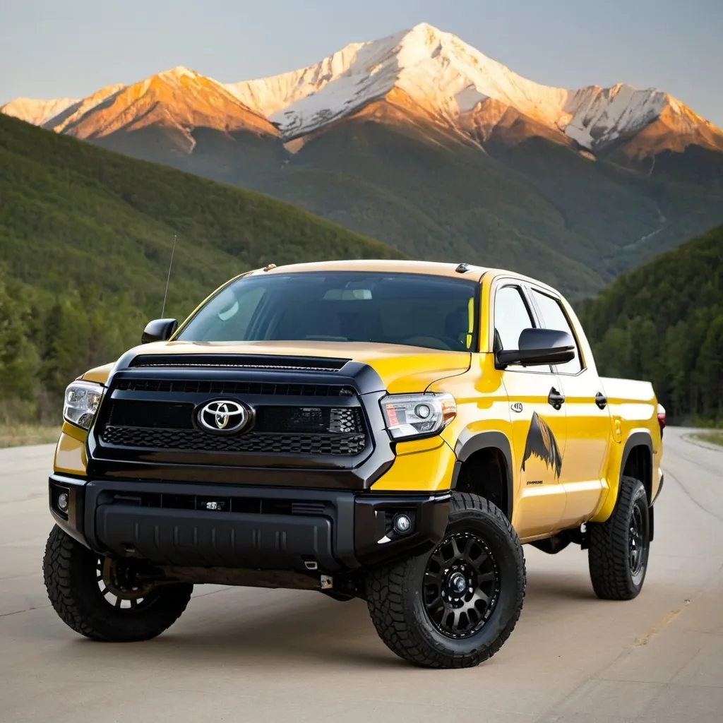 Prompt: A yellow 2015 Toyota tundra with a black hood and a mountain decal on the rockers. 